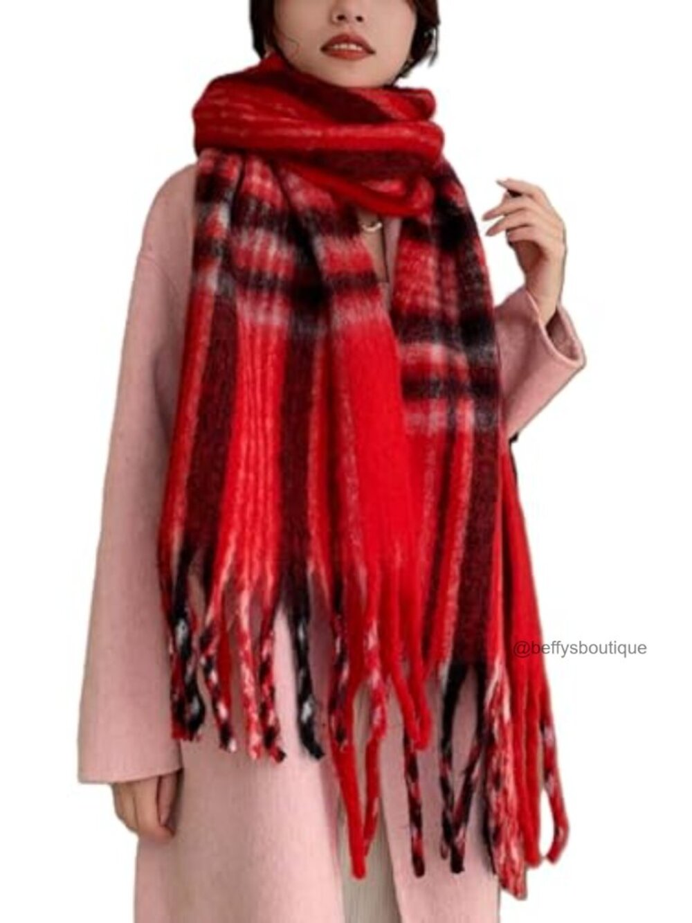 Oversized Plaid Blanket Scarf Long Shawl Tassel Winter Wrap